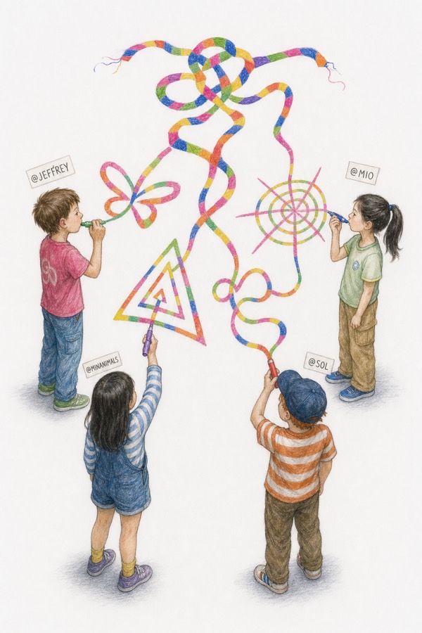Colored-pencil drawing: four people standing in a ring in white space, each whistling and drawing a different score in the air, the four ribbons braiding into one knot above them.