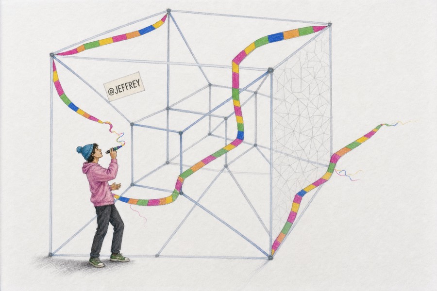 Colored-pencil drawing: a small figure inside a large hypercube lattice of ruled pencil lines, their striped ribbon wrapping the edges and leaving through one face.