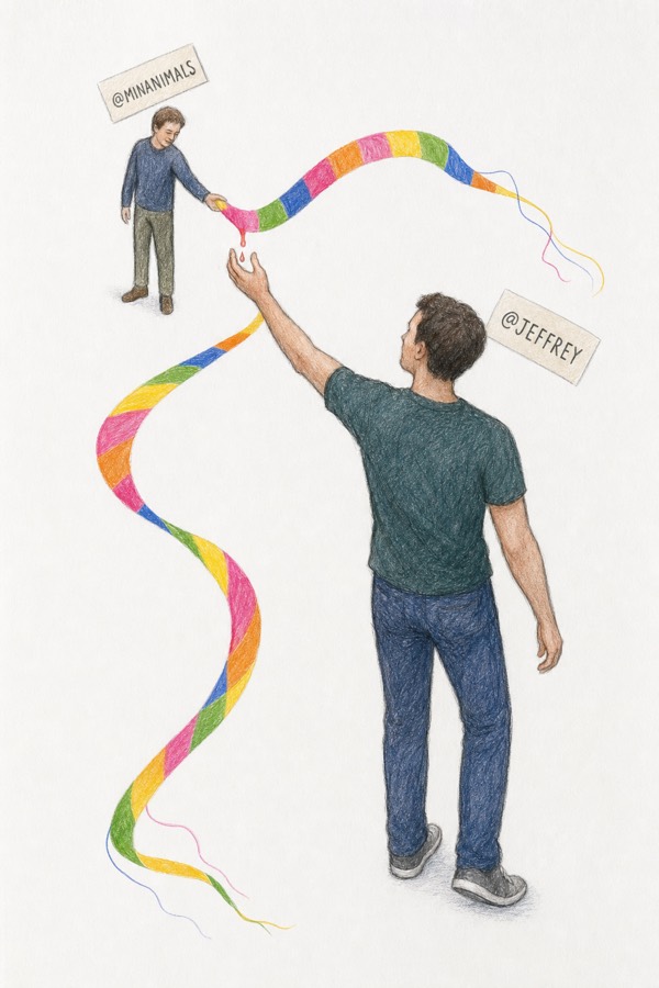 Colored-pencil drawing: two people at different distances in white space, one offering the end of a striped ribbon, the other reaching up to take it, the joint still wet.