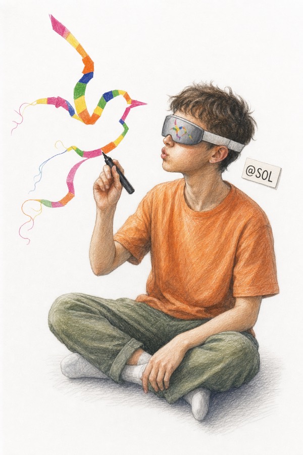 Colored-pencil drawing: a person sitting cross-legged wearing a thin visor, lips pursed mid-whistle, drawing a striped bird in the air — the same bird curving in the visor's reflection.