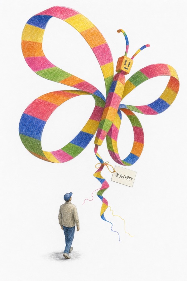 Colored-pencil drawing: a large butterfly whistlegraph built from a striped ribbon hanging in white space, with a small person below looking up at it, and a paper tag tied to the line.
