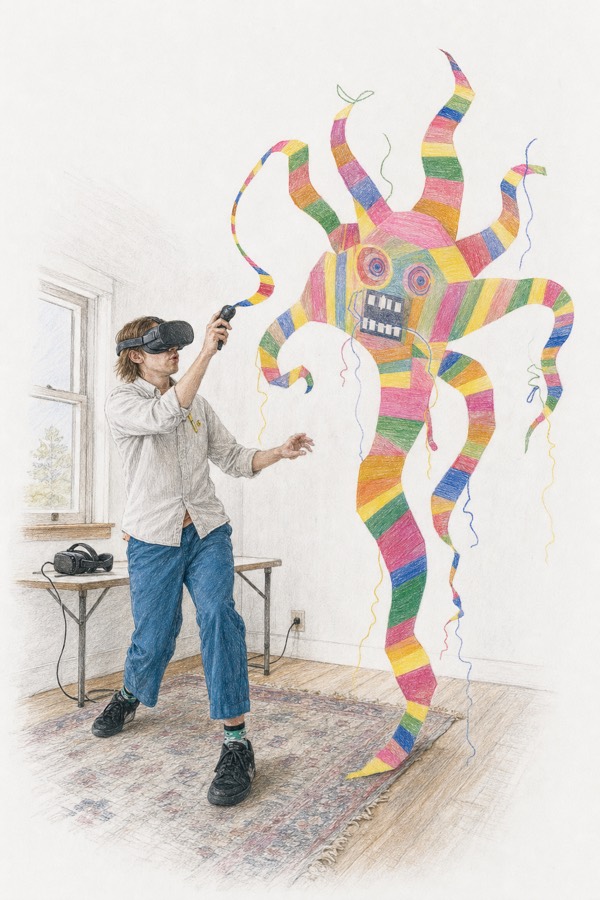 Colored-pencil drawing: a man in a VR headset in a spare room, whistling, drawing a large striped ribbon creature in the air. A second headset charges on a folding table.