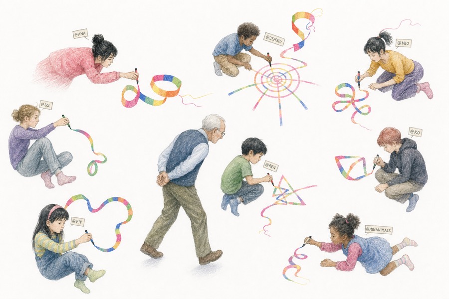 Colored-pencil drawing: nine people of different ages spread through an open volume, each drawing a different ribbon, an older figure walking between them looking at a child's work.
